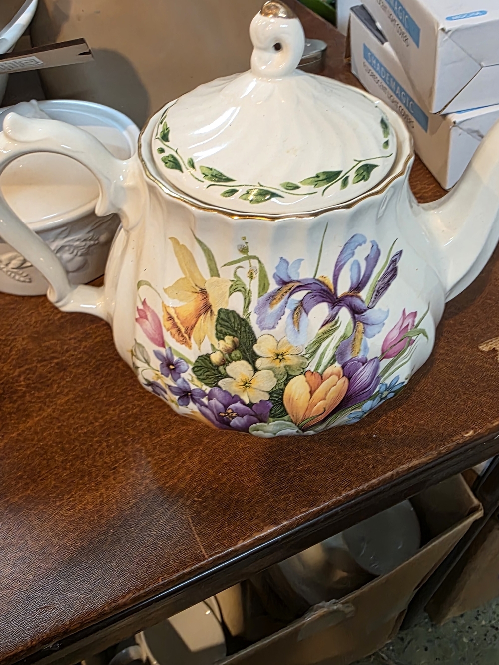 Floral Porcelain Teapot in White with Multicolor Garden Bloom Design